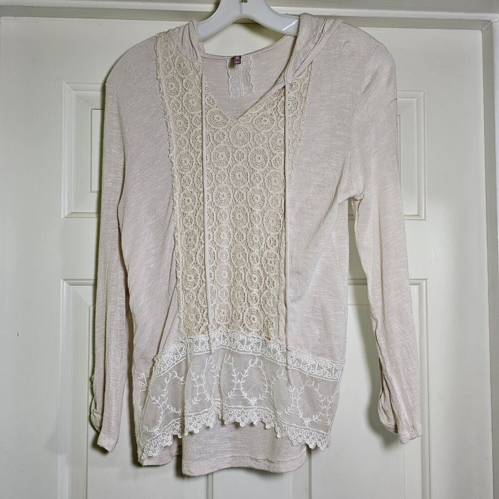 Anthropologie Mauve Cream Ivory Pullover Long Sleeve Hooded Top Lace Medium FLAW